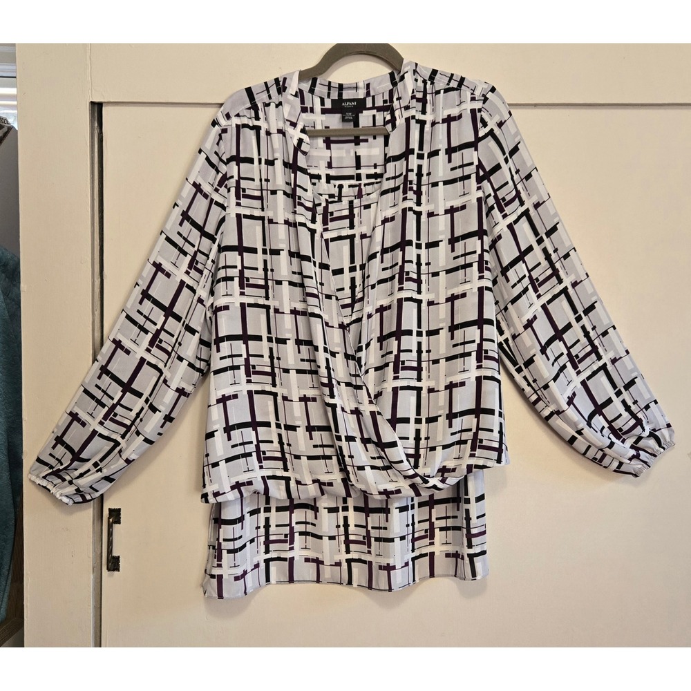 Alfani Woman Faux Wrap Blouse 16W Geometric Grid Print Purple Black White Hi Low